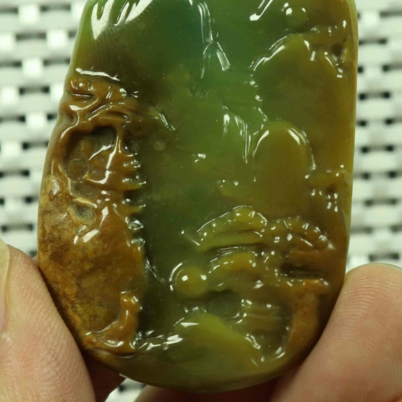 Cert'd Yellow Natural A JADE jadeite Carved Pendant Landscape 山水 - Picture 3 of 8